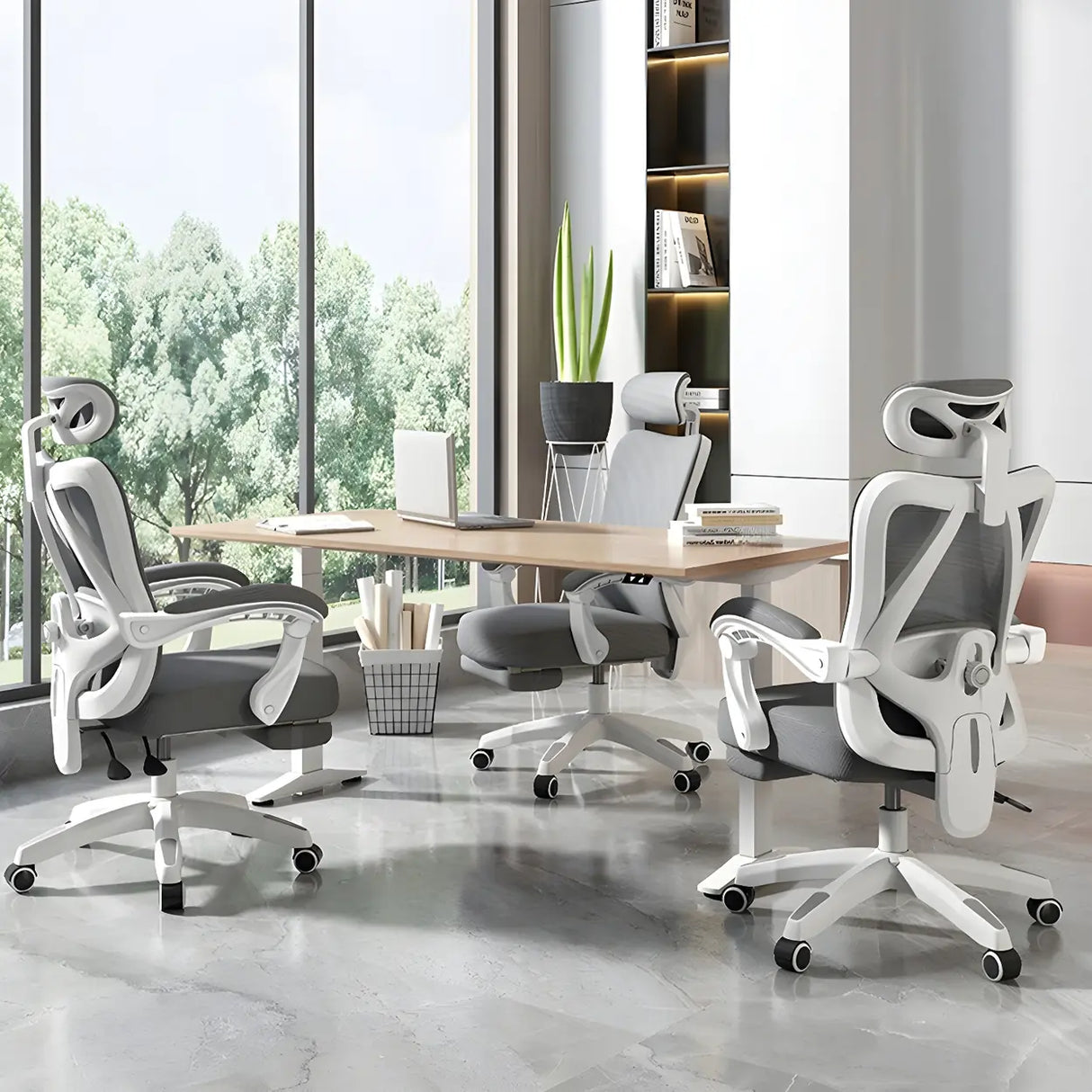Lumbar Support Swivel White Mesh Office Chair with Headrest Image - 4