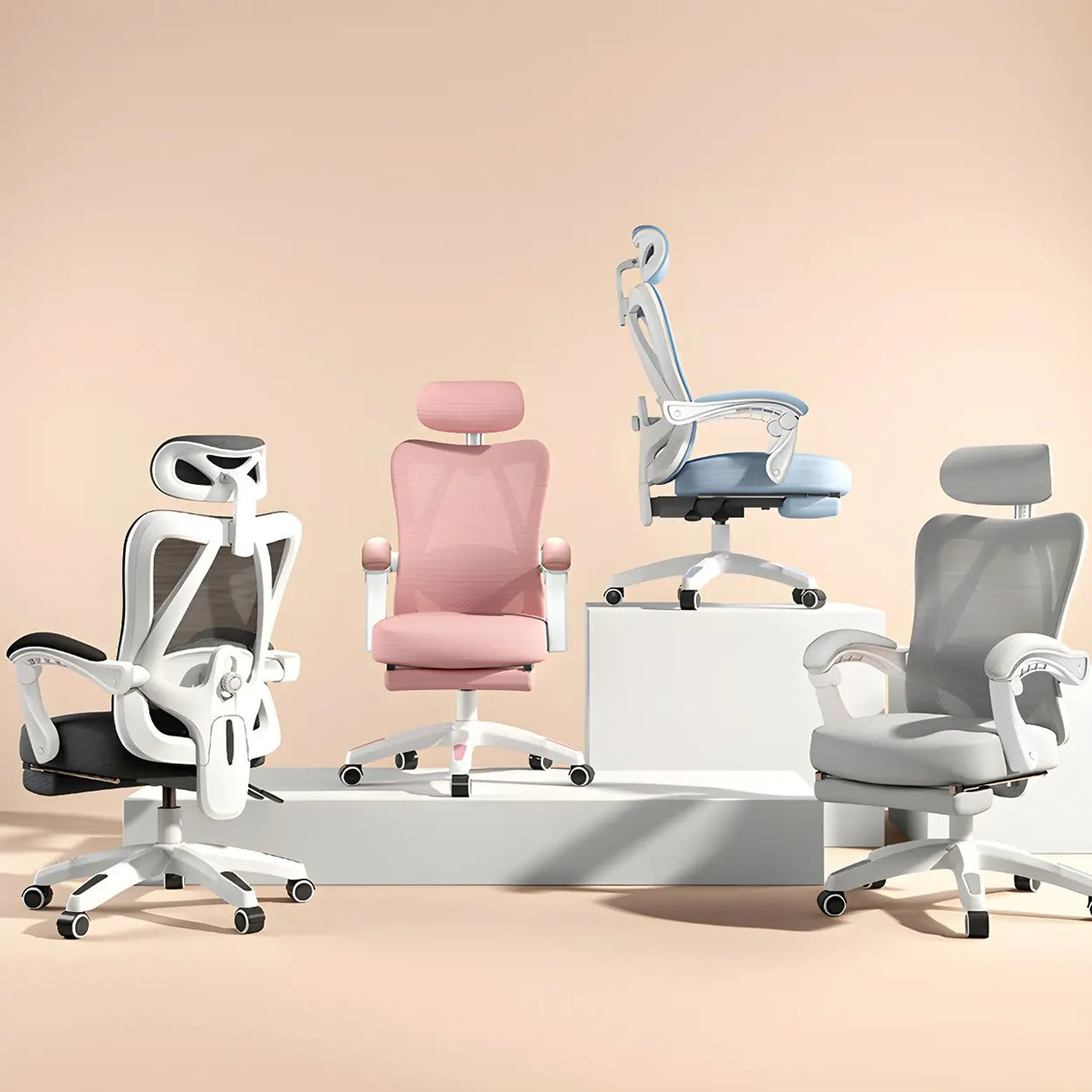 Lumbar Support Swivel White Mesh Office Chair with Headrest Image - 5