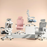 Lumbar Support Swivel White Mesh Office Chair with Headrest Image - 5