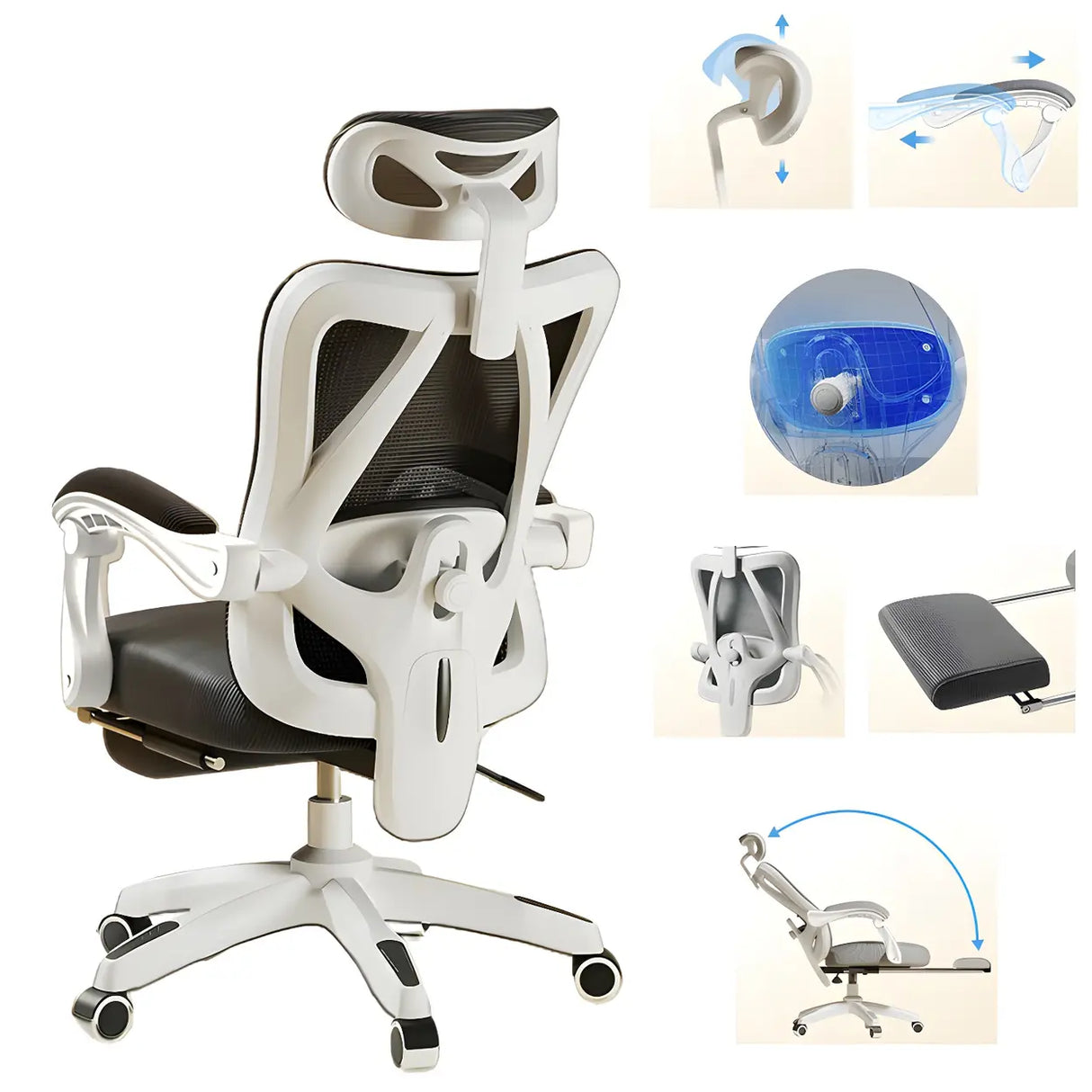 Lumbar Support Swivel White Mesh Office Chair with Headrest Image - 6