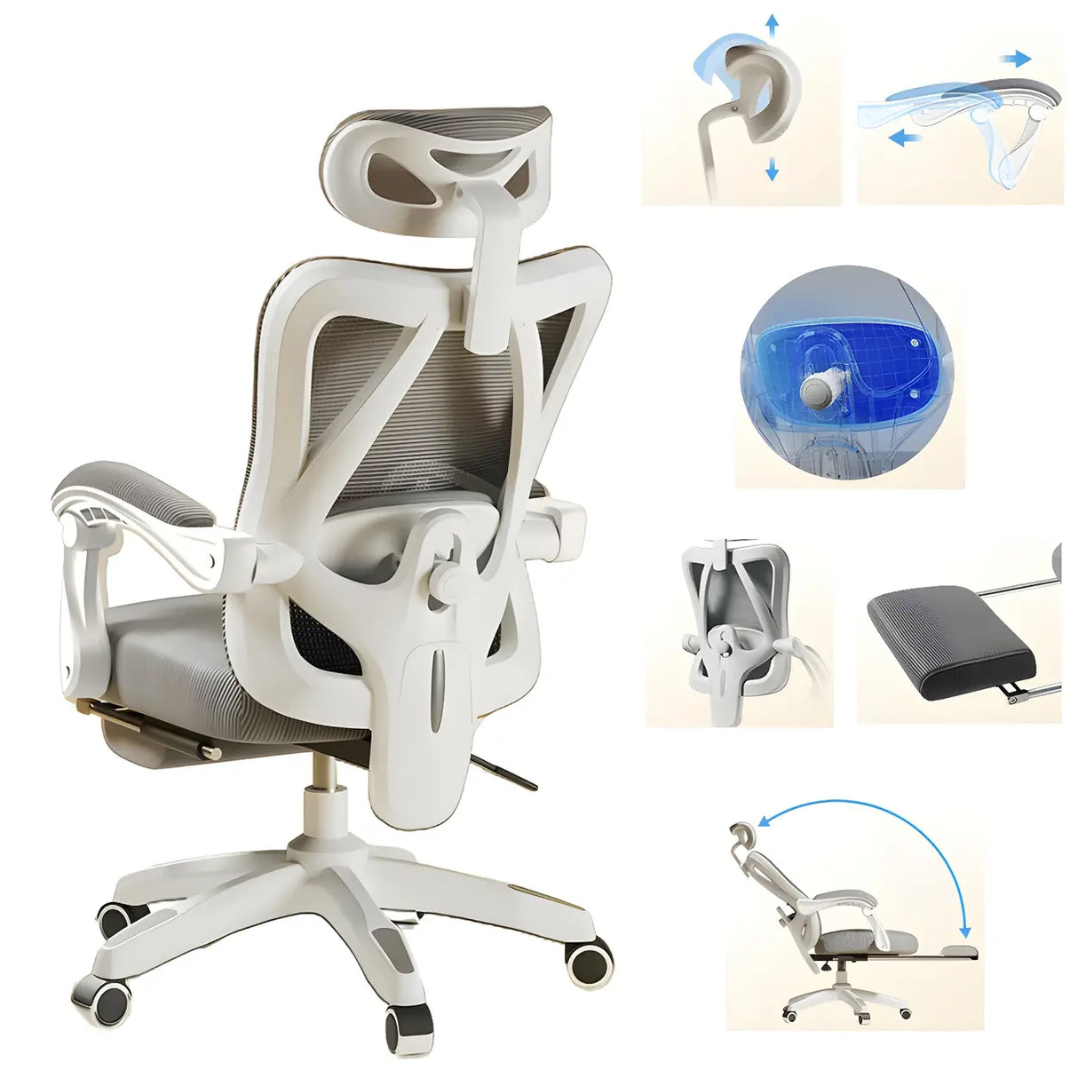 Lumbar Support Swivel White Mesh Office Chair with Headrest Image - 8