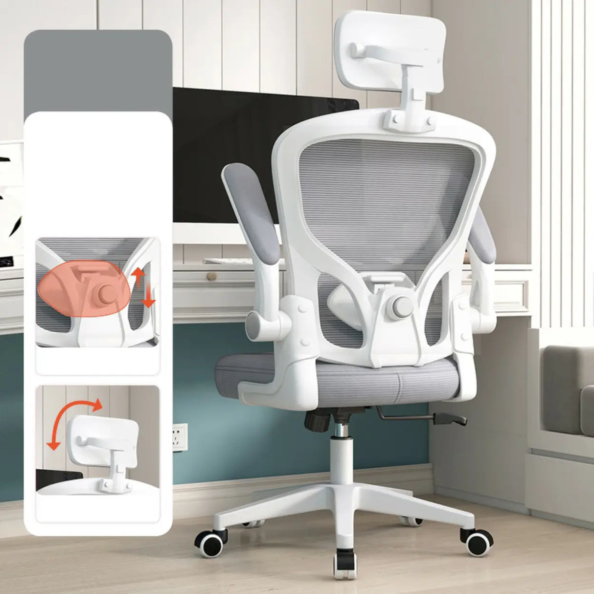 Lumbar Support White Adjustable Tilt Seating Office Chair Image - 15