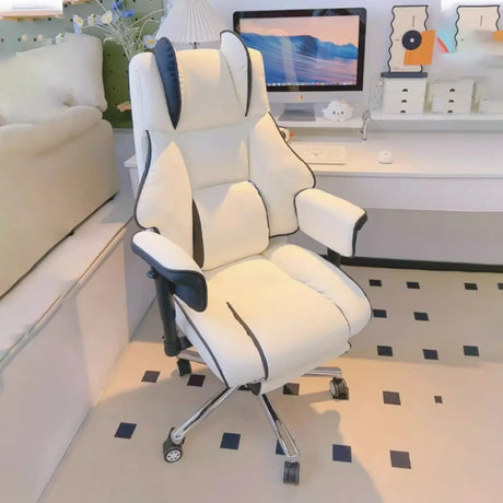 Lumbar Support White Leather Gaming Aluminum Office Chair Image - 1