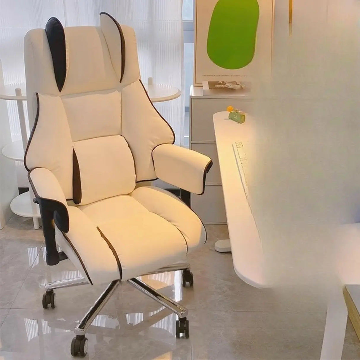 Lumbar Support White Leather Gaming Aluminum Office Chair Image - 11