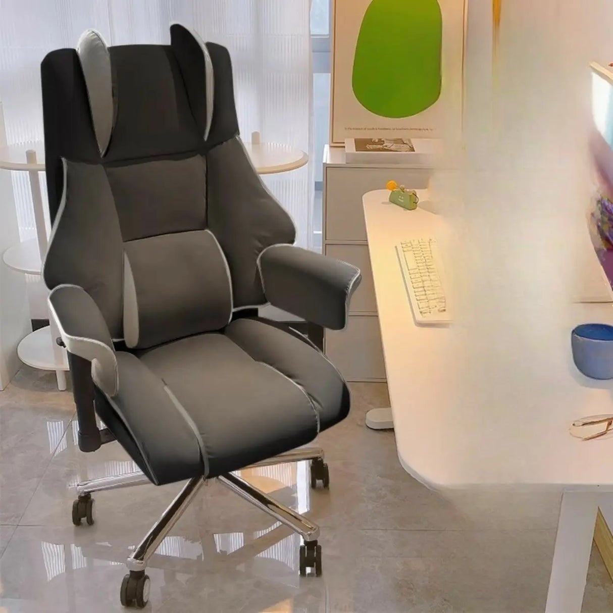 Lumbar Support White Leather Gaming Aluminum Office Chair Image - 13