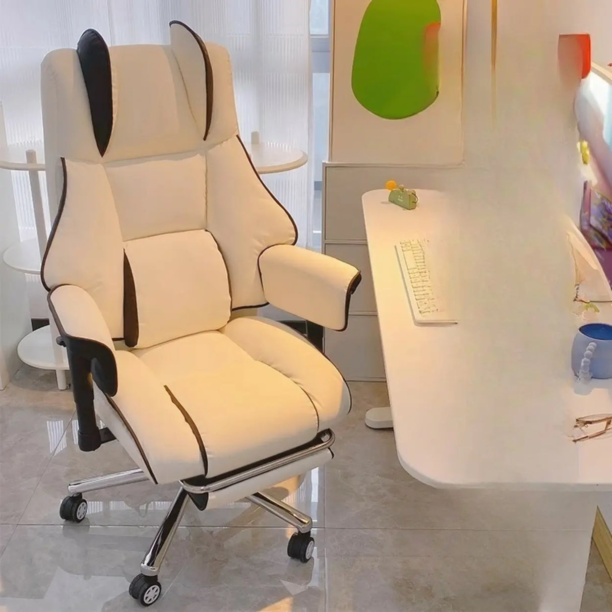 Lumbar Support White Leather Gaming Aluminum Office Chair Image - 15