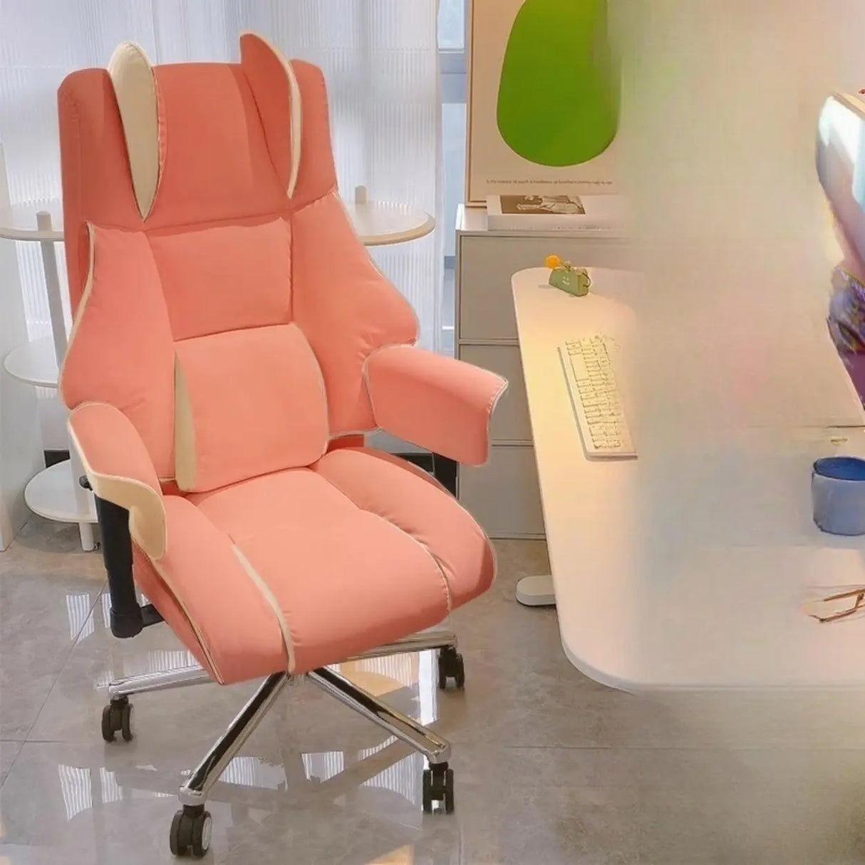 Lumbar Support White Leather Gaming Aluminum Office Chair Image - 2