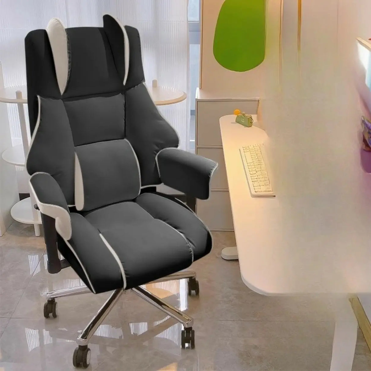 Lumbar Support White Leather Gaming Aluminum Office Chair Image - 6