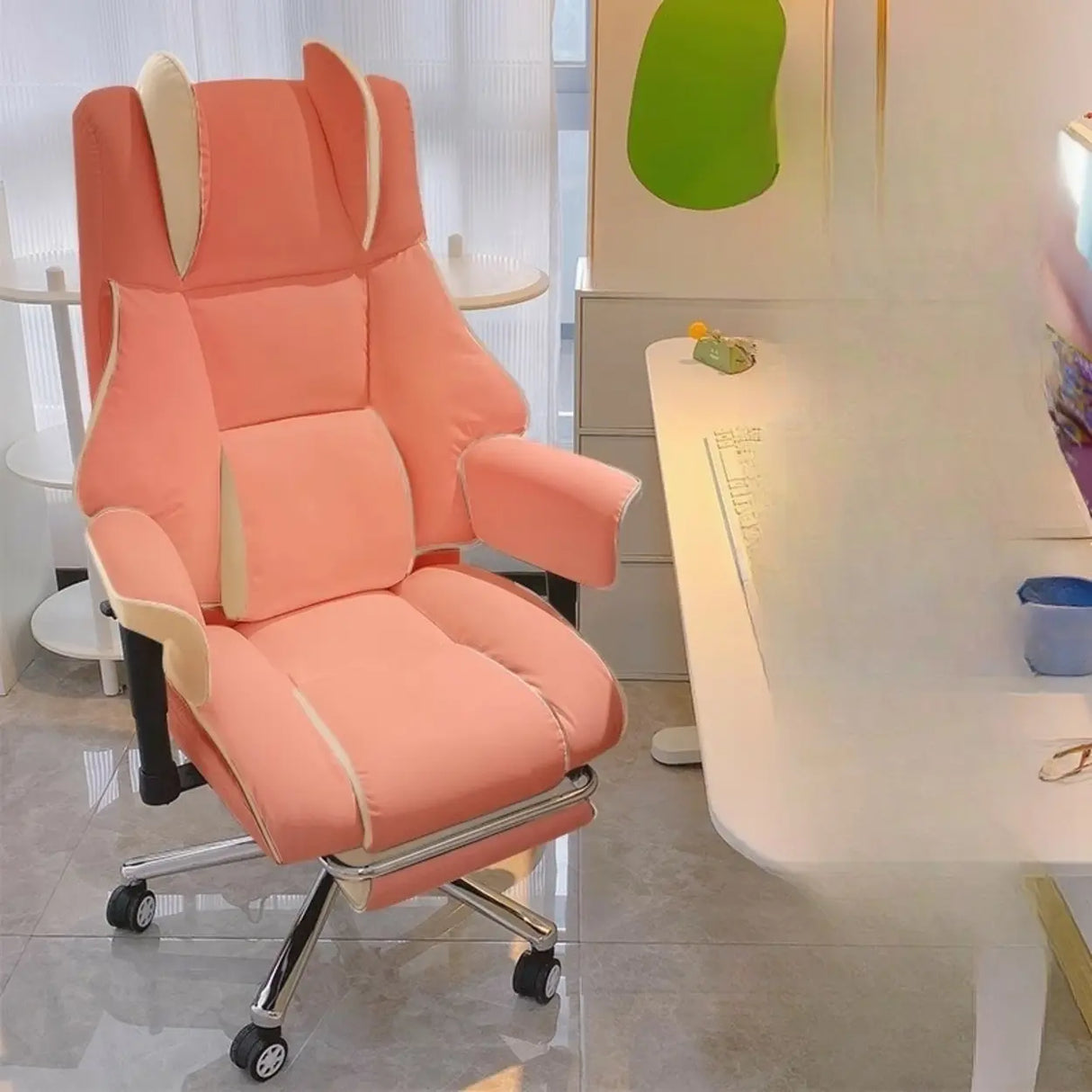 Lumbar Support White Leather Gaming Aluminum Office Chair Image - 9