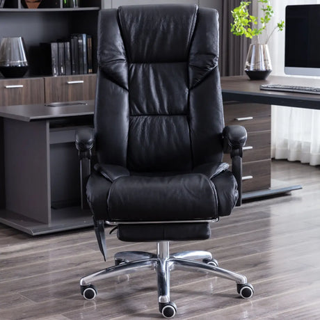 Luxurious Adjustable Swivel Cowhide Black Office Chair Image - 1