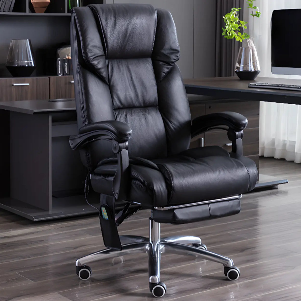 Luxurious Adjustable Swivel Cowhide Black Office Chair Image - 5