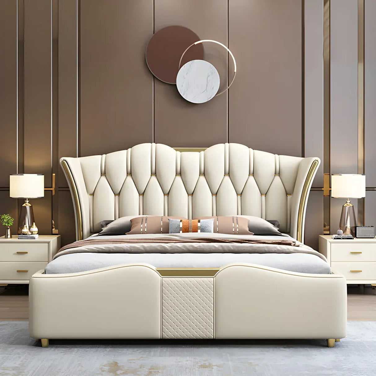 Luxurious Beige King Wingback Upholstered Leather Bed Image - 1