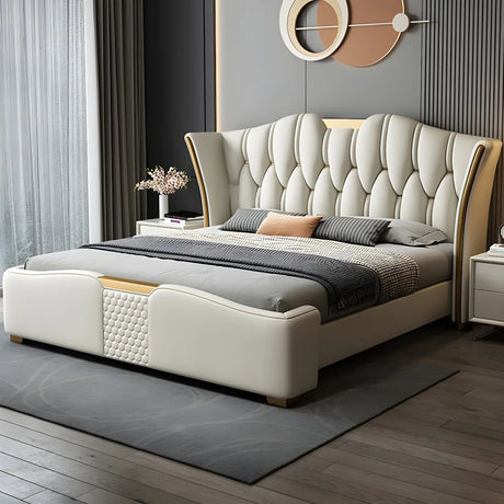 Luxurious Beige King Wingback Upholstered Leather Bed Image - 2