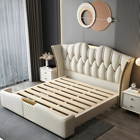 Luxurious Beige King Wingback Upholstered Leather Bed Image - 3