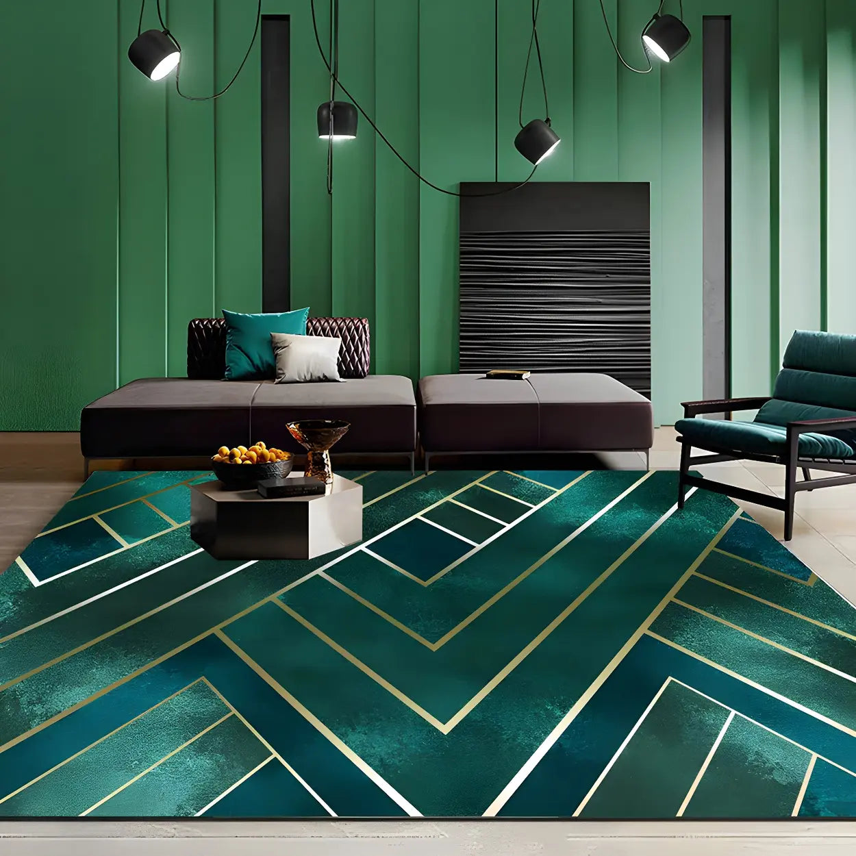 Luxurious Geometric Polyester Olive Green Area Rug Image - 2