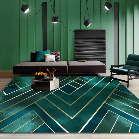 Luxurious Geometric Polyester Olive Green Area Rug Image - 2