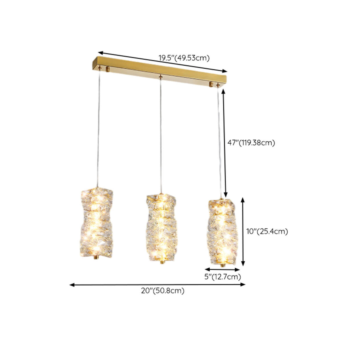 Luxury 3-Light Gold Cylinder Crystal Hanging Lights 
