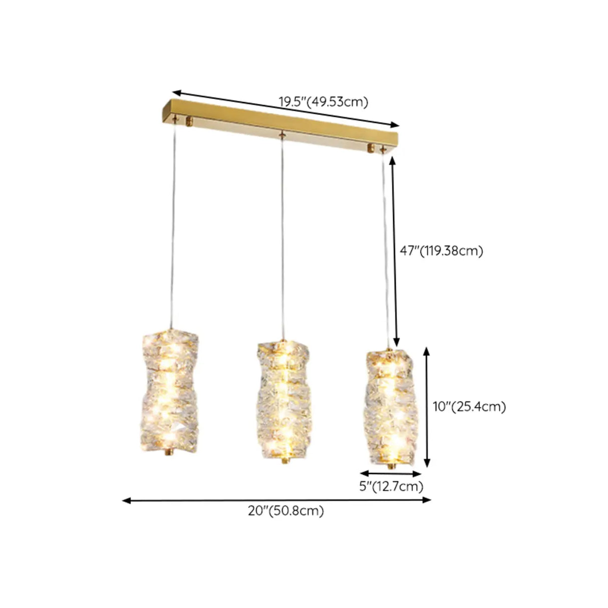Luxury 3-Light Gold Cylinder Crystal Hanging Lights 