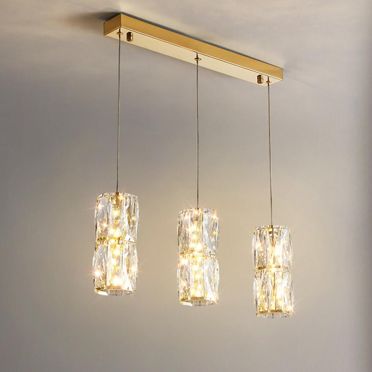 Luxury 3-Light Gold Cylinder Crystal Hanging Lights Image - 3