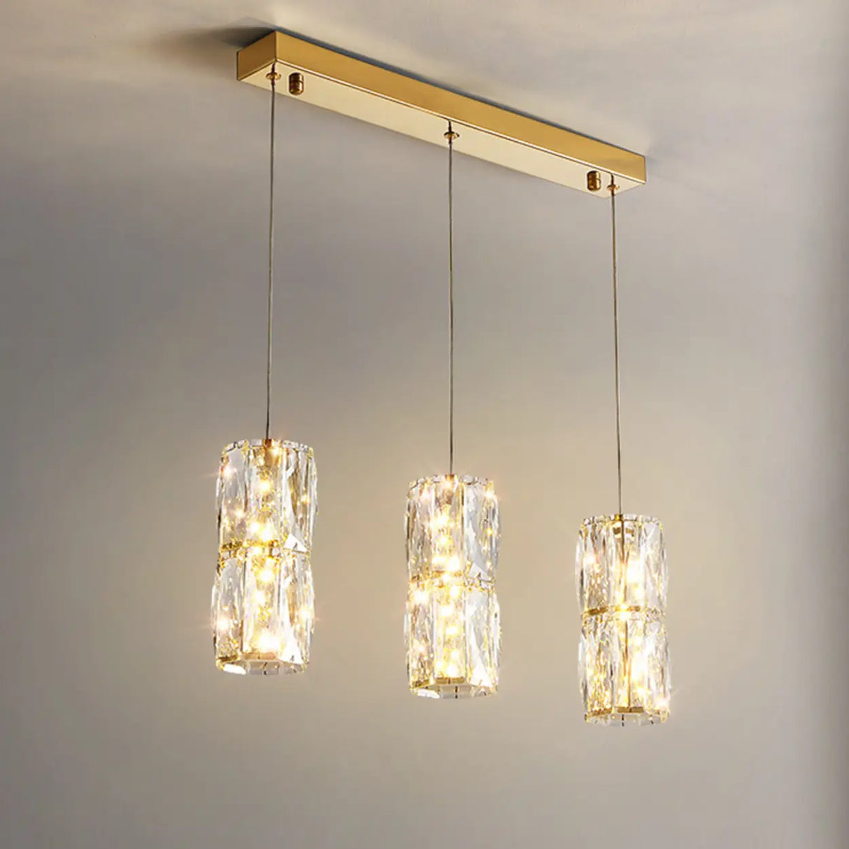 Luxury 3-Light Gold Cylinder Crystal Hanging Lights Image - 3