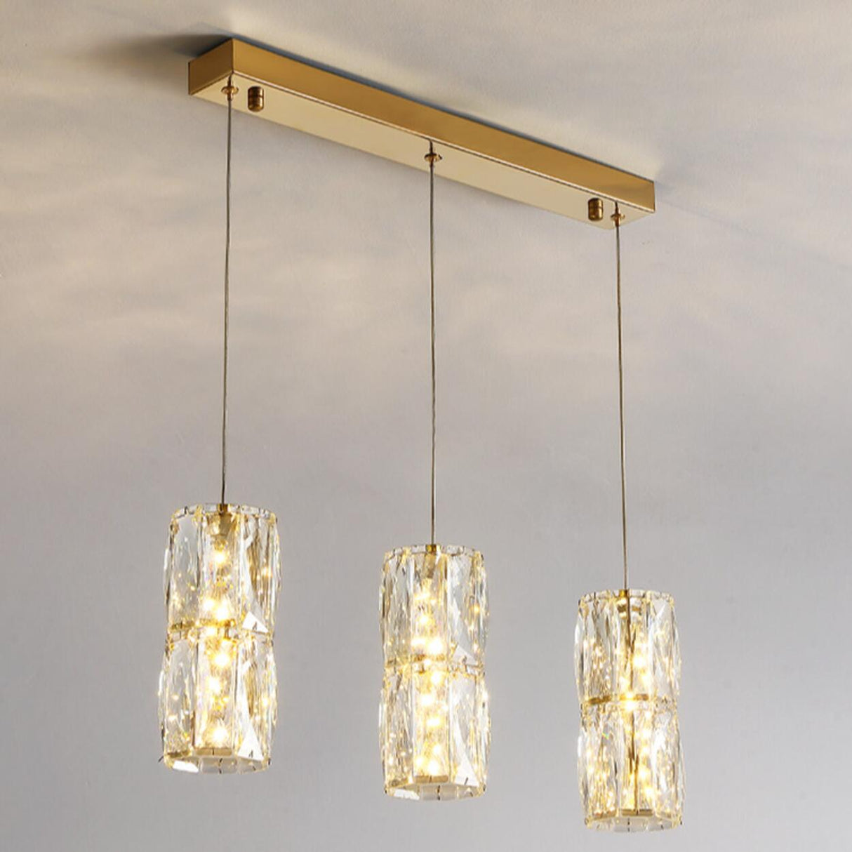 Luxury 3-Light Gold Cylinder Crystal Hanging Lights Image - 7