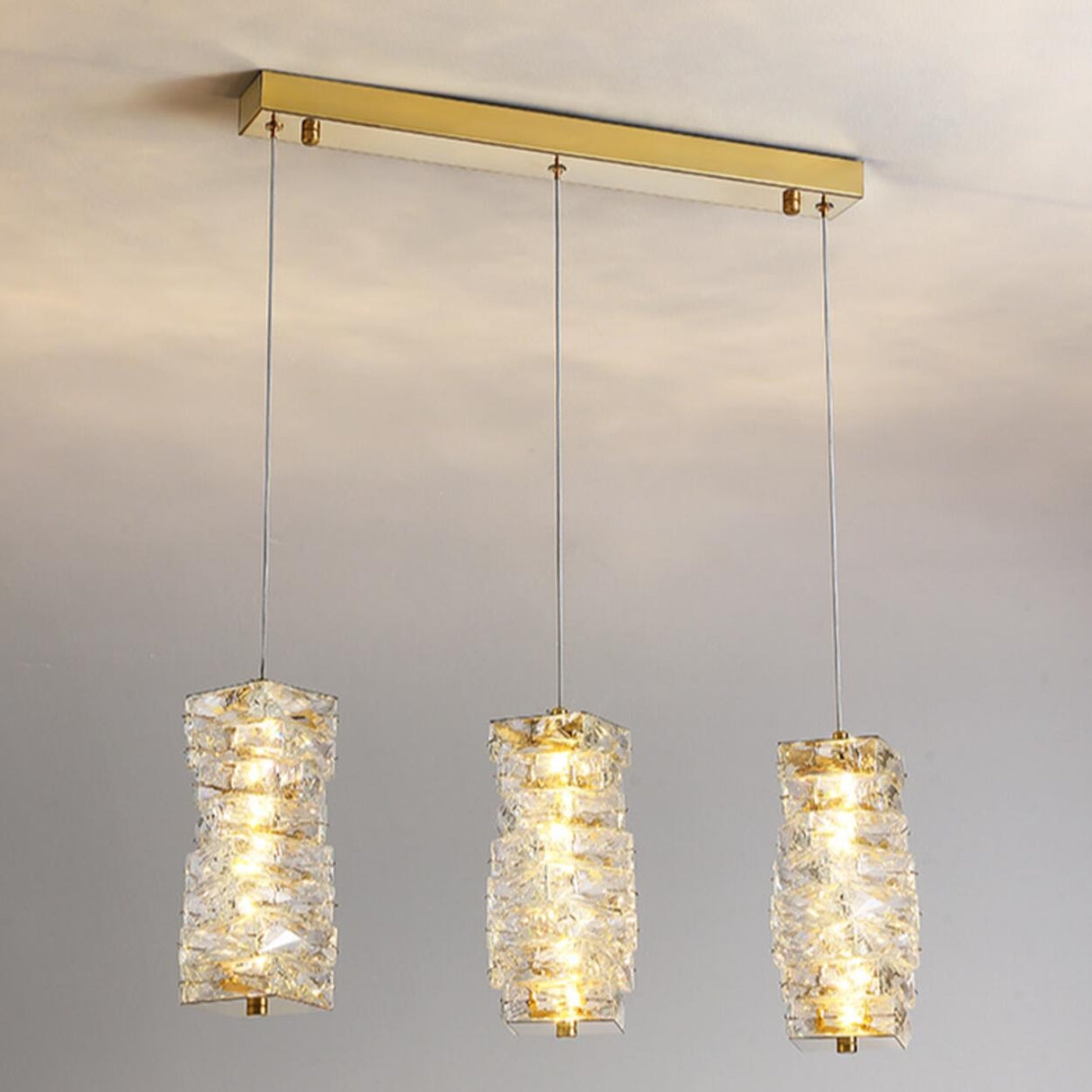 Luxury 3-Light Gold Cylinder Crystal Hanging Lights Image - 9