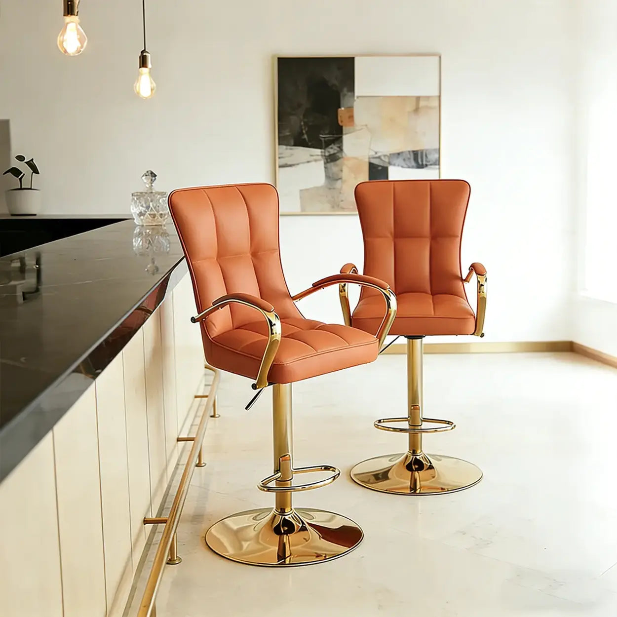 Luxury Adjustable Swivel Faux Leather  Bar Stool With Arms Image - 10