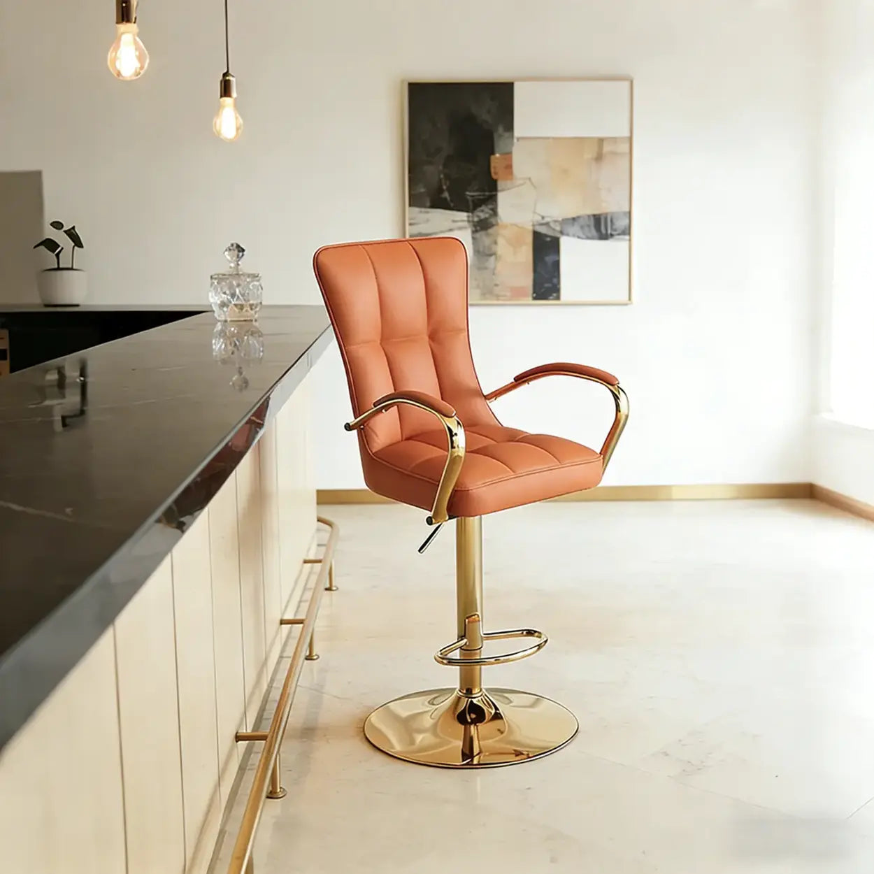 Luxury Adjustable Swivel Faux Leather  Bar Stool With Arms Image - 5