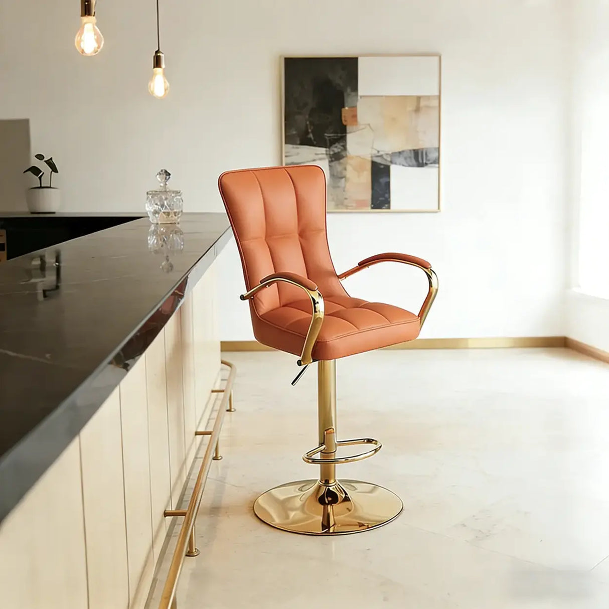 Luxury Adjustable Swivel Faux Leather  Bar Stool With Arms Image - 5