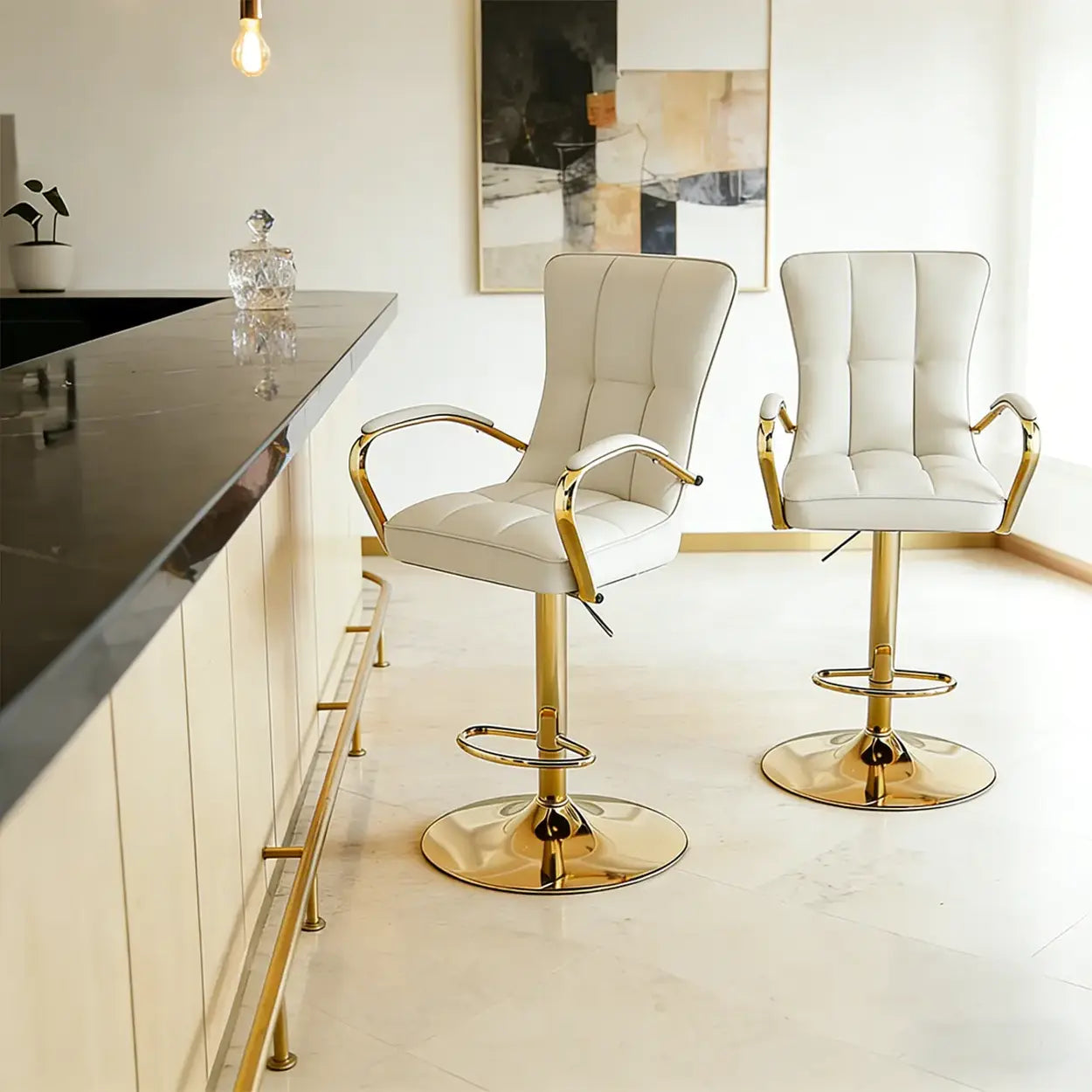 Luxury Adjustable Swivel Faux Leather  Bar Stool With Arms Image - 7