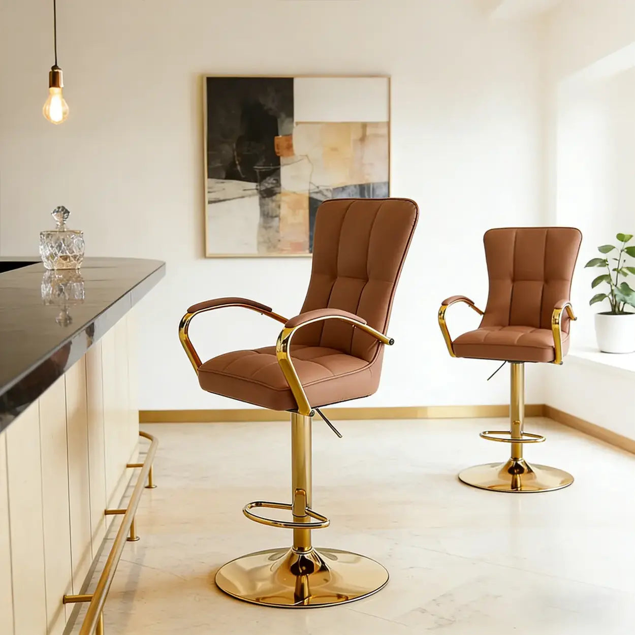 Luxury Adjustable Swivel Faux Leather  Bar Stool With Arms Image - 8