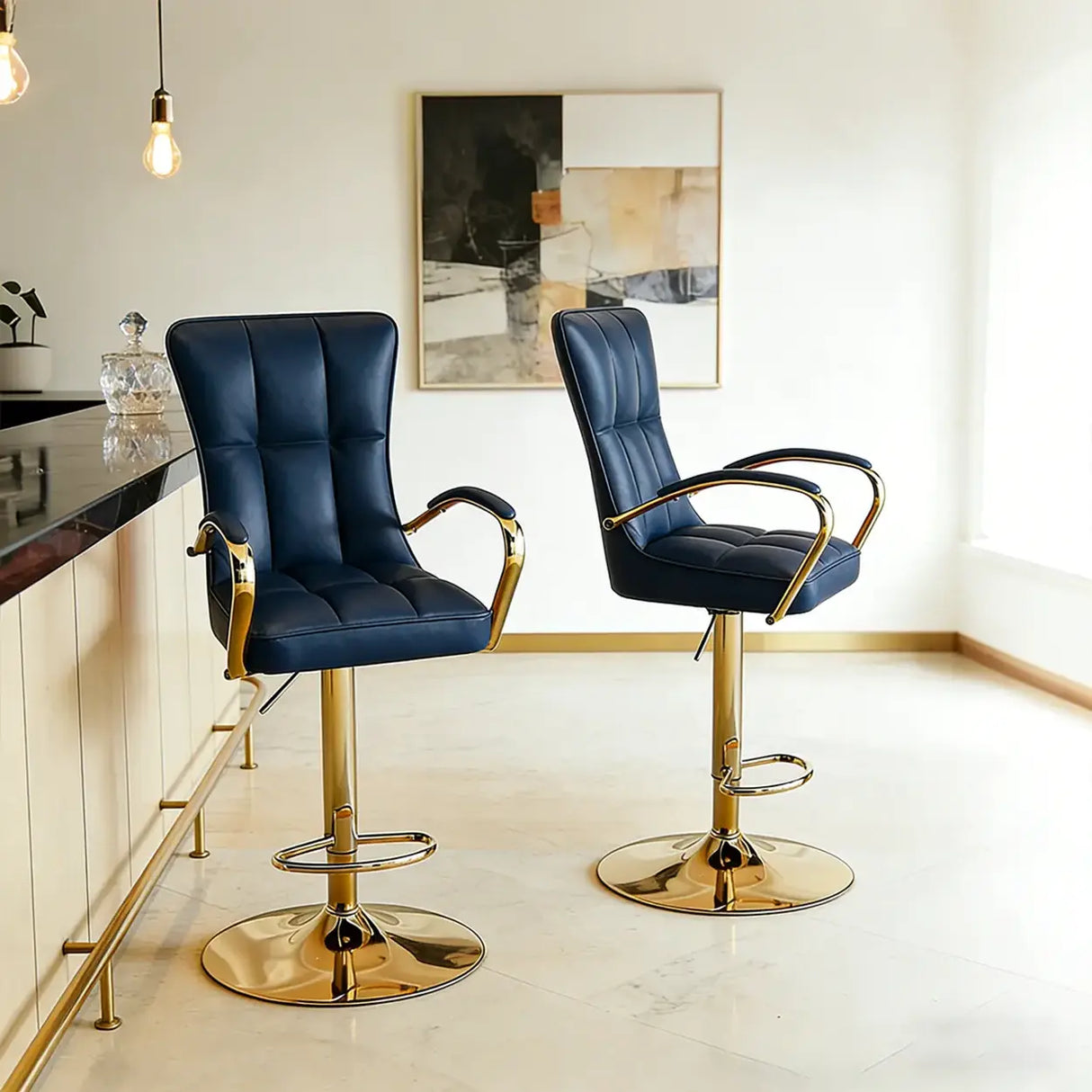 Luxury Adjustable Swivel Faux Leather  Bar Stool With Arms Image - 9