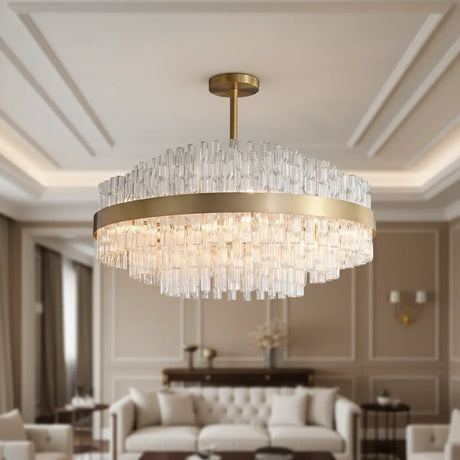 Luxury Brass Tierd Circular Round Clear Crystal Chandelier Image - 9