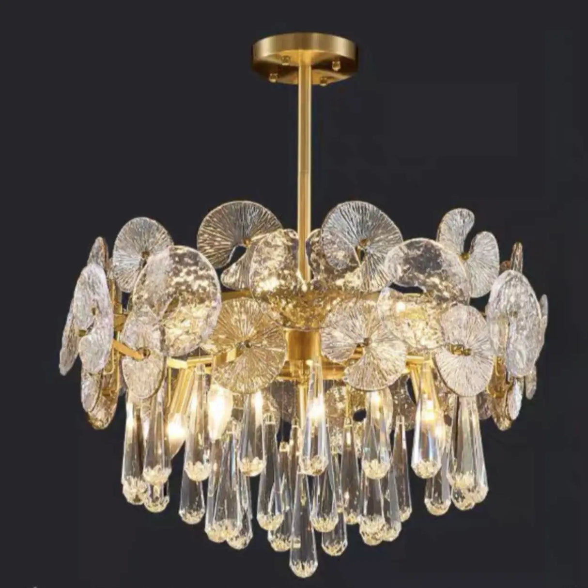 Luxury Brass Tiered Crystal Drops Lotus Leaf Chandelier Image - 2