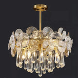Luxury Brass Tiered Crystal Drops Lotus Leaf Chandelier Image - 2