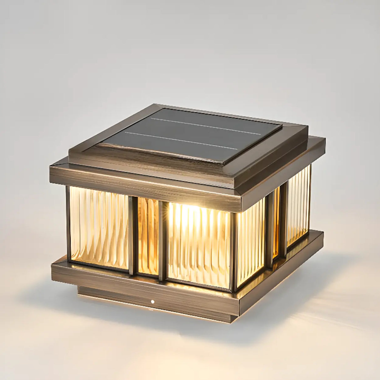 Luxury Bronze Solar Square Metal Outdoor Pillar Light Image - 3