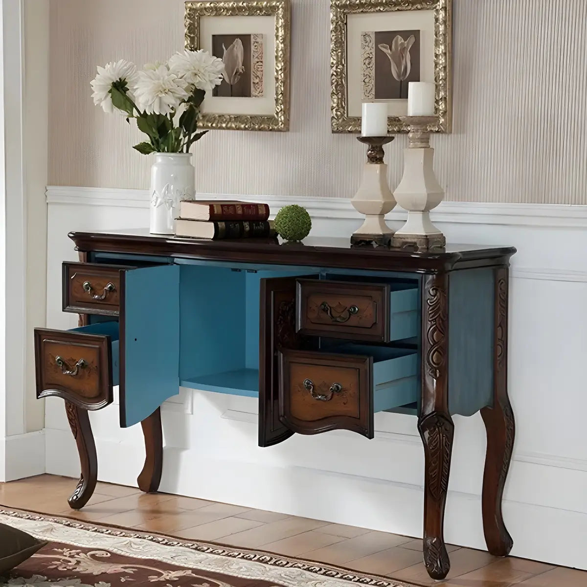 Luxury Brown Birch Wood Cabinet and Drawers Console Table Image - 16