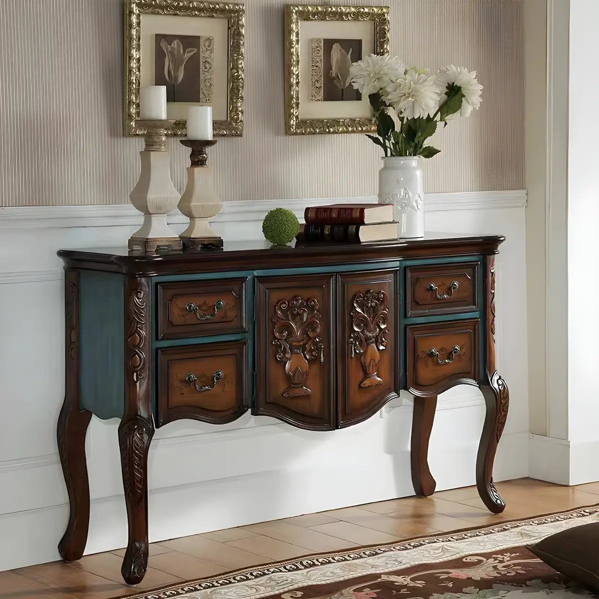 Luxury Brown Birch Wood Cabinet and Drawers Console Table Image - 7