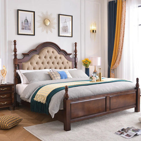 Luxury Brown King Traditional Wood Upholstered Panel Bed Image - 1