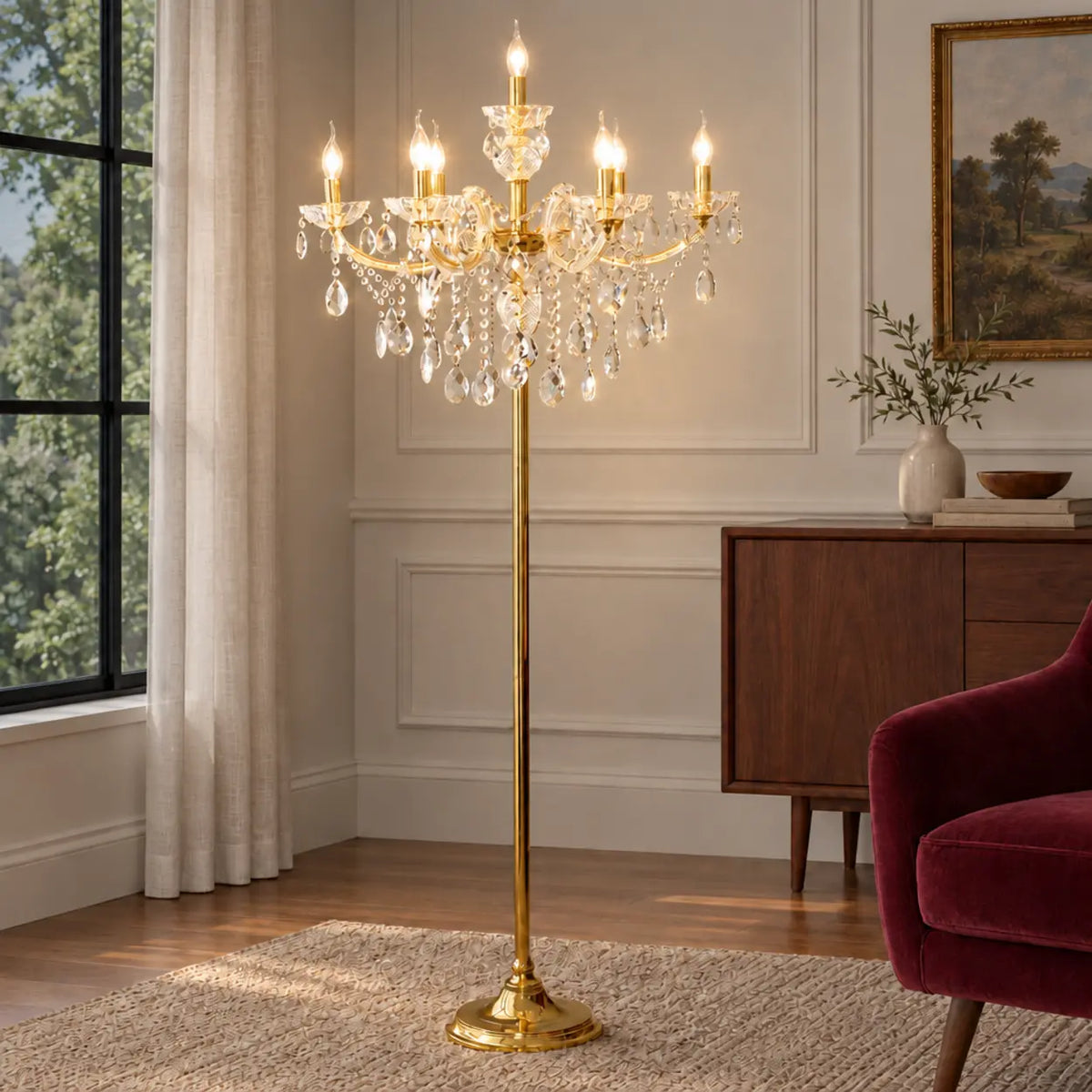 Luxury Candle Gold Crystal Chandelier Floor Lamp Image - 1