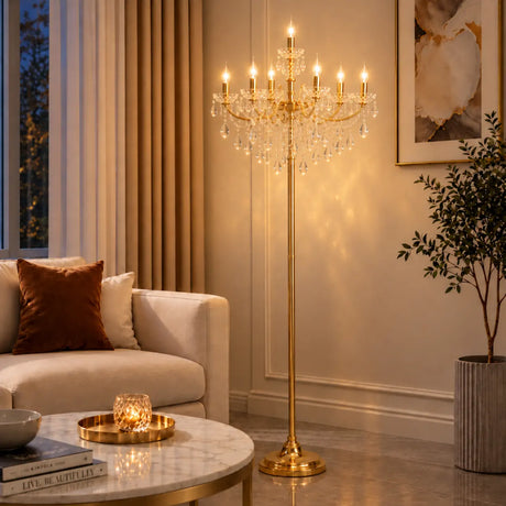 Luxury Candle Gold Crystal Chandelier Floor Lamp Image - 2