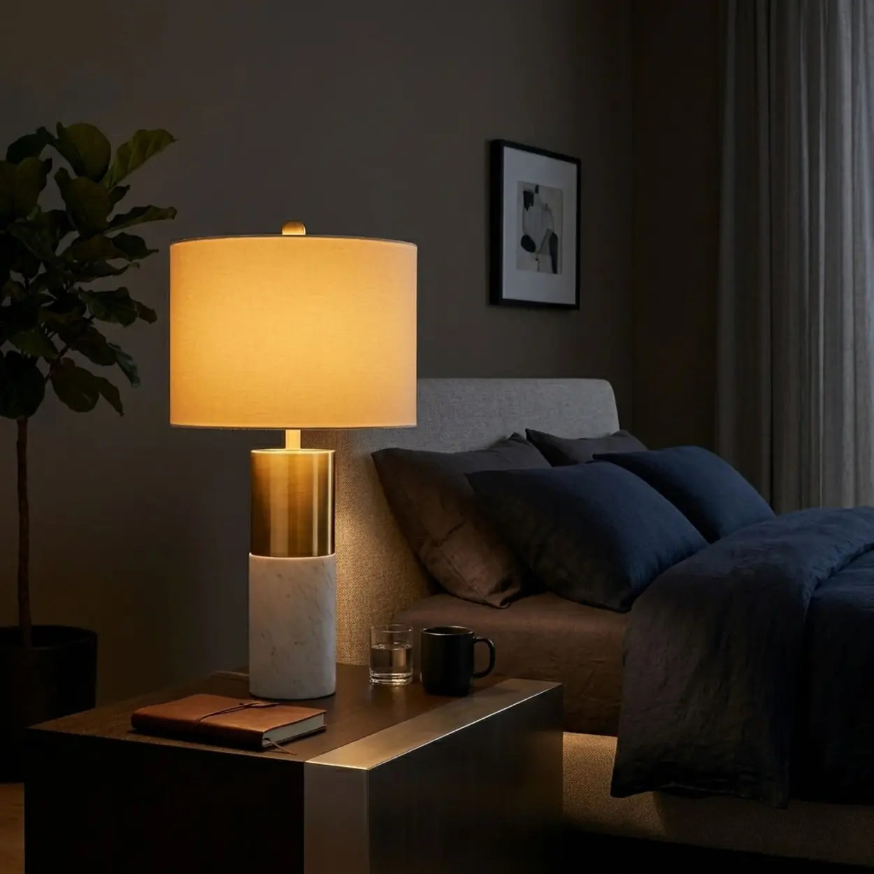 Luxury Cylindrical Marble Bedroom Dimmable Table Lamp Image - 1