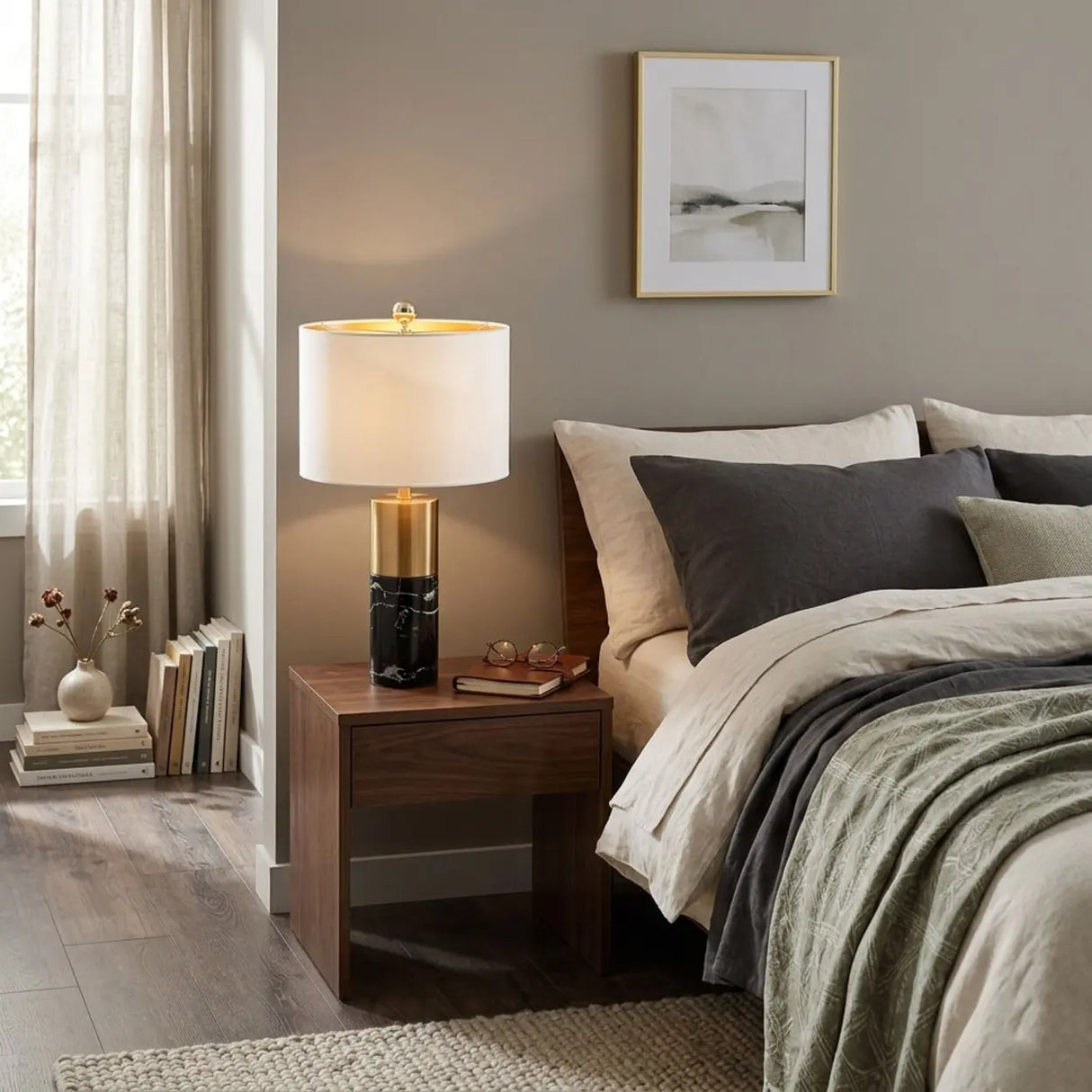 Luxury Cylindrical Marble Bedroom Dimmable Table Lamp Image - 2