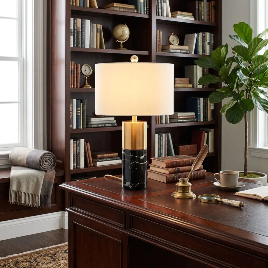 Dimmable marble table lamp with beige fabric shade and gold tone accents