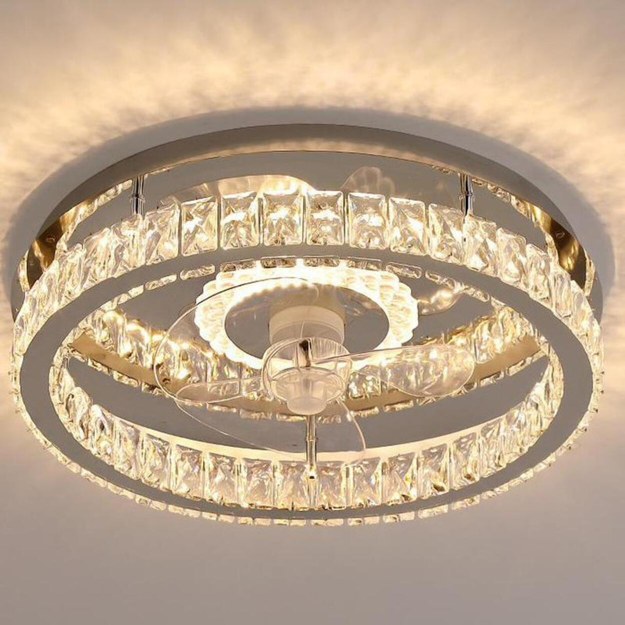 Luxury Flush Gold Crystal Ceiling Fan with LED Light Image - 10