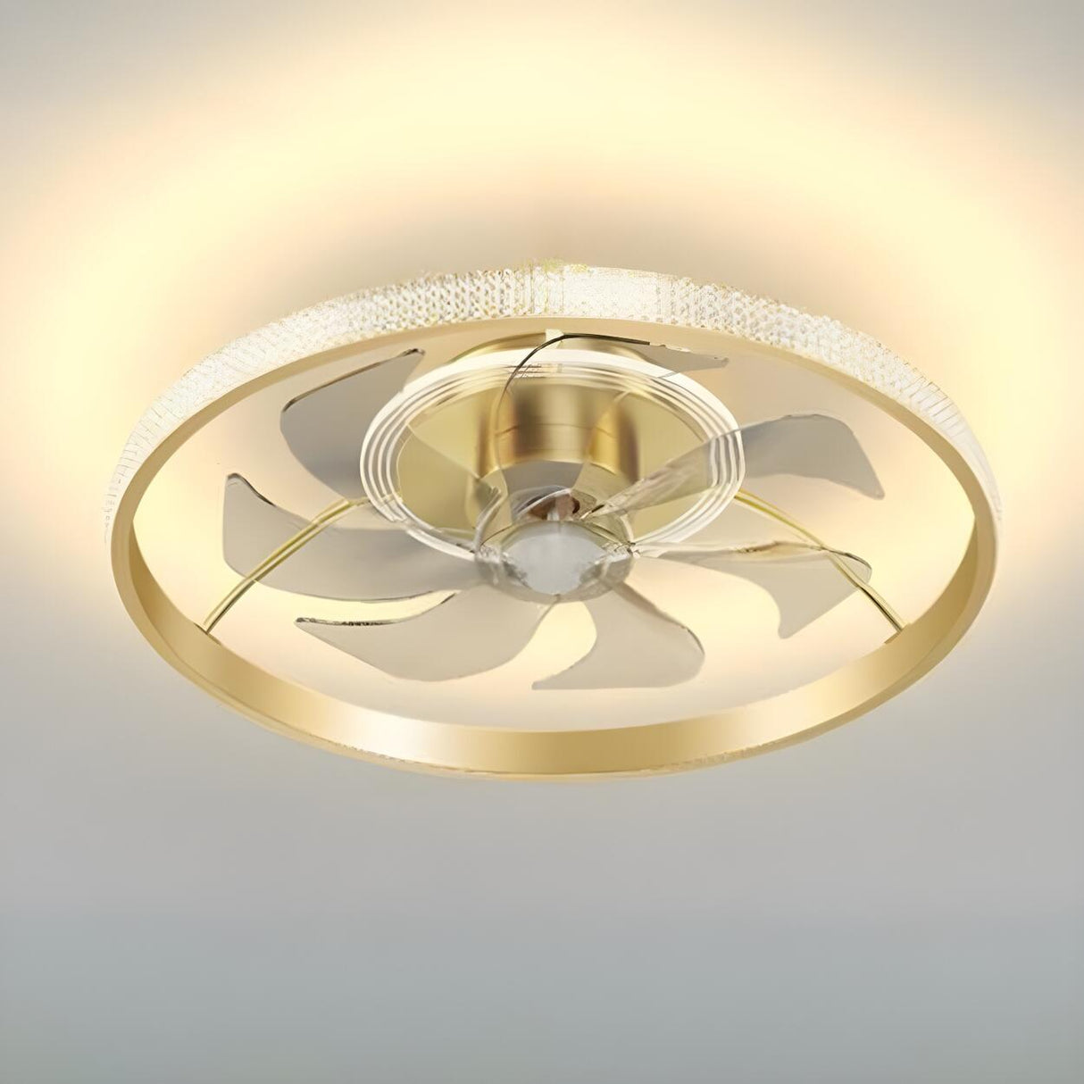 Luxury Flush Gold Crystal Ceiling Fan with LED Light Image - 11