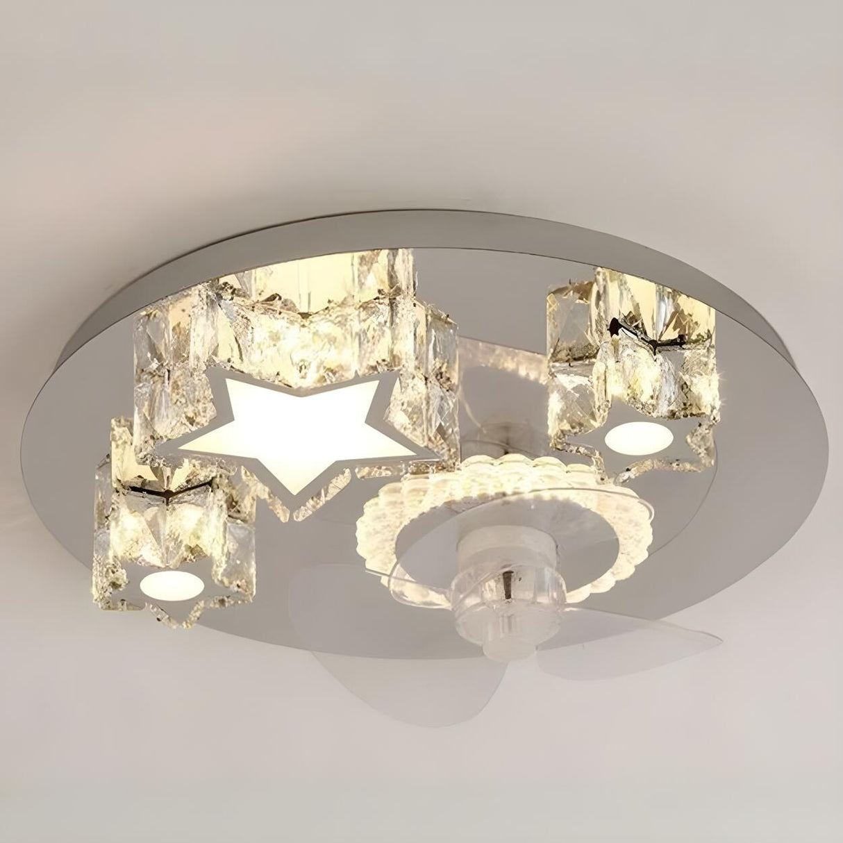 Luxury Flush Gold Crystal Ceiling Fan with LED Light Image - 12
