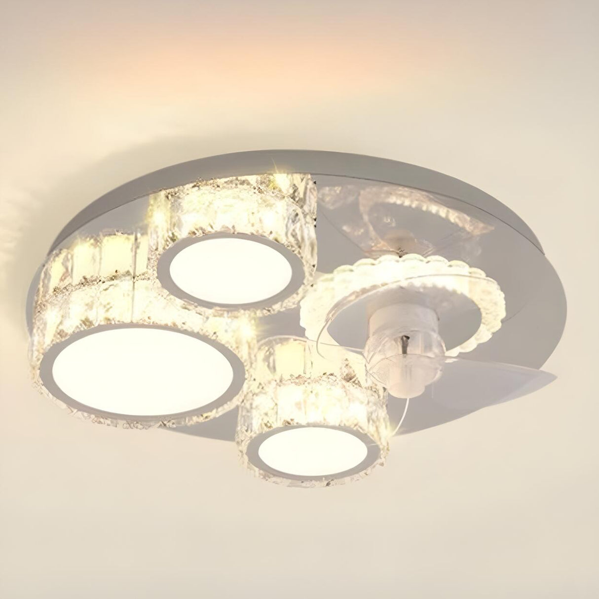 Luxury Flush Gold Crystal Ceiling Fan with LED Light Image - 14