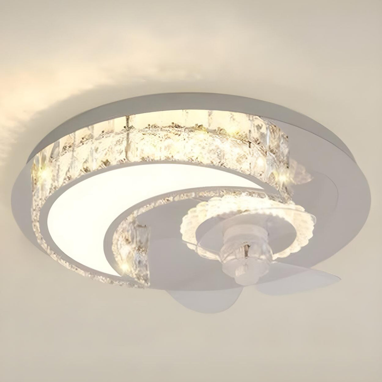 Luxury Flush Gold Crystal Ceiling Fan with LED Light Image - 16