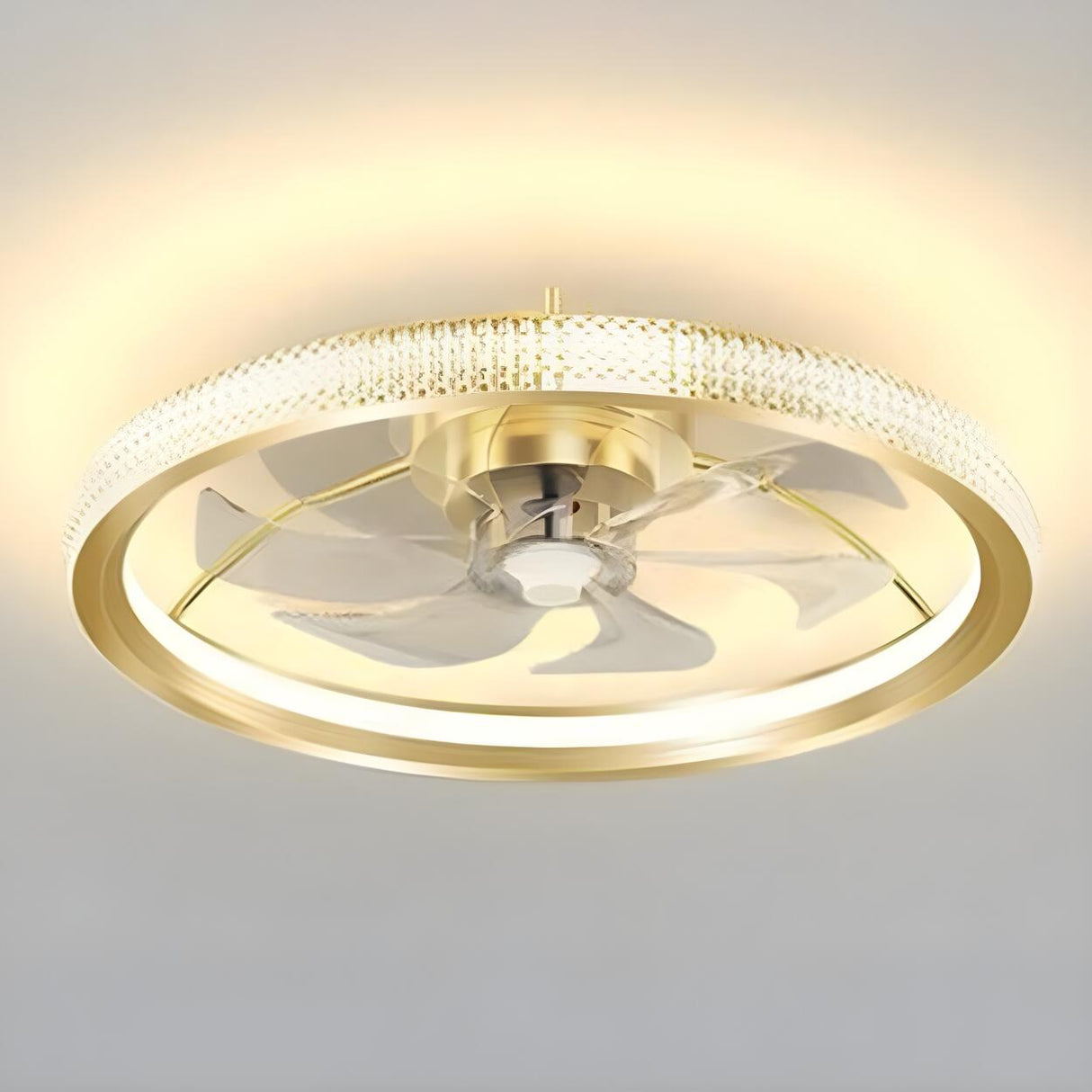 Luxury Flush Gold Crystal Ceiling Fan with LED Light Image - 17